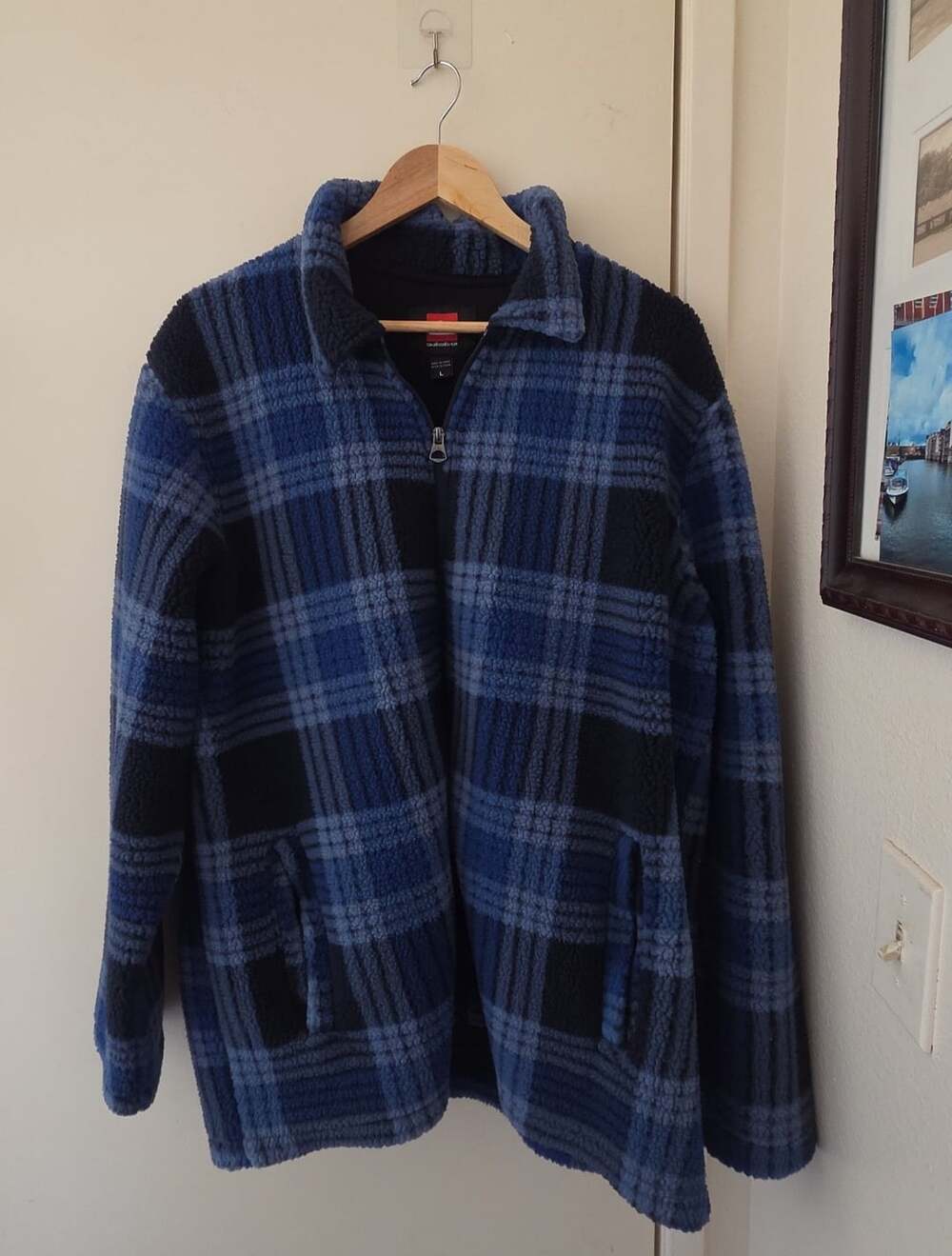 Quiksilver Fleece Jacket Size L Blue Plaid Zip Up Sherpa